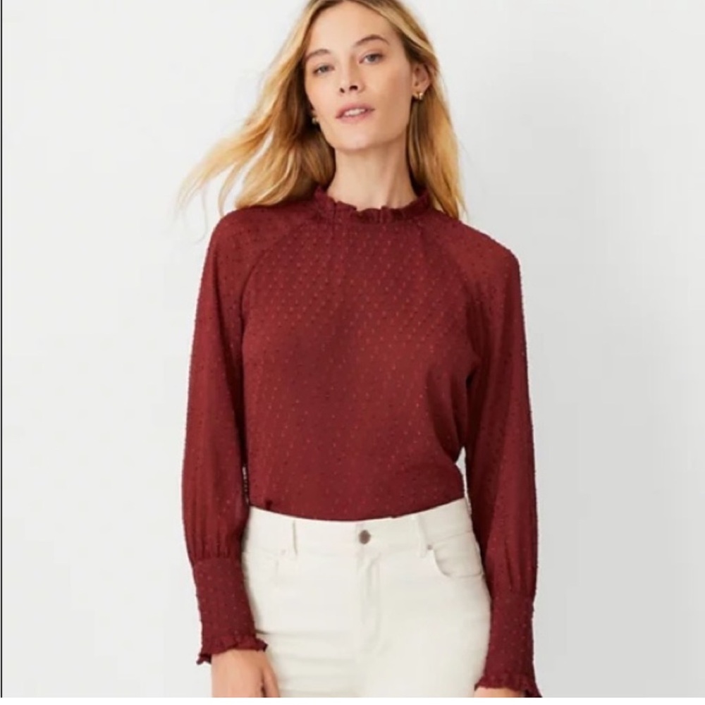 Ann Taylor Clip Dot Ruffle Neck Blouse - Size L